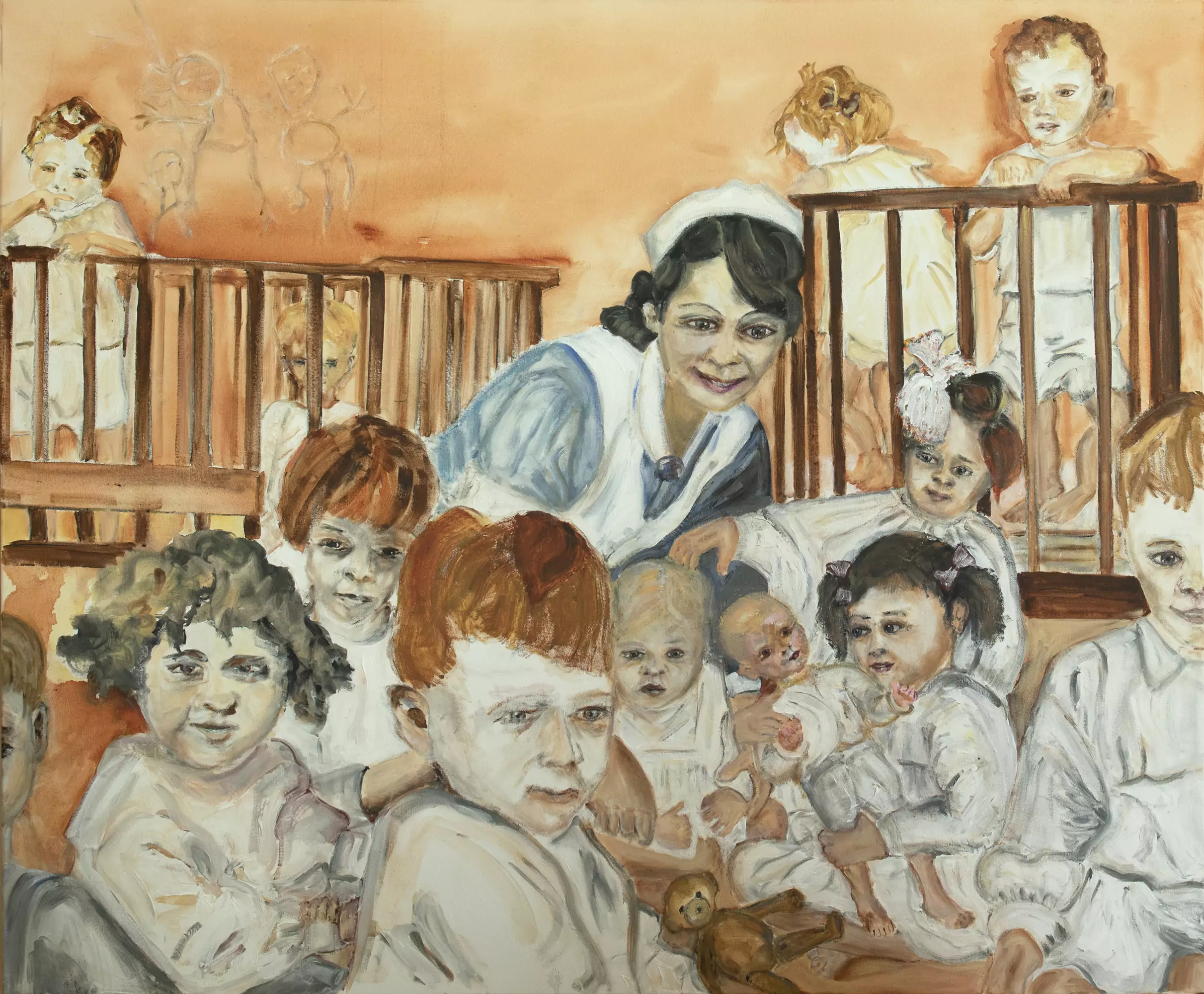 Hella Simonis (1921) in het Burgerweeshuis | Acryl op canvas, 120×100 cm | Augustus 2021